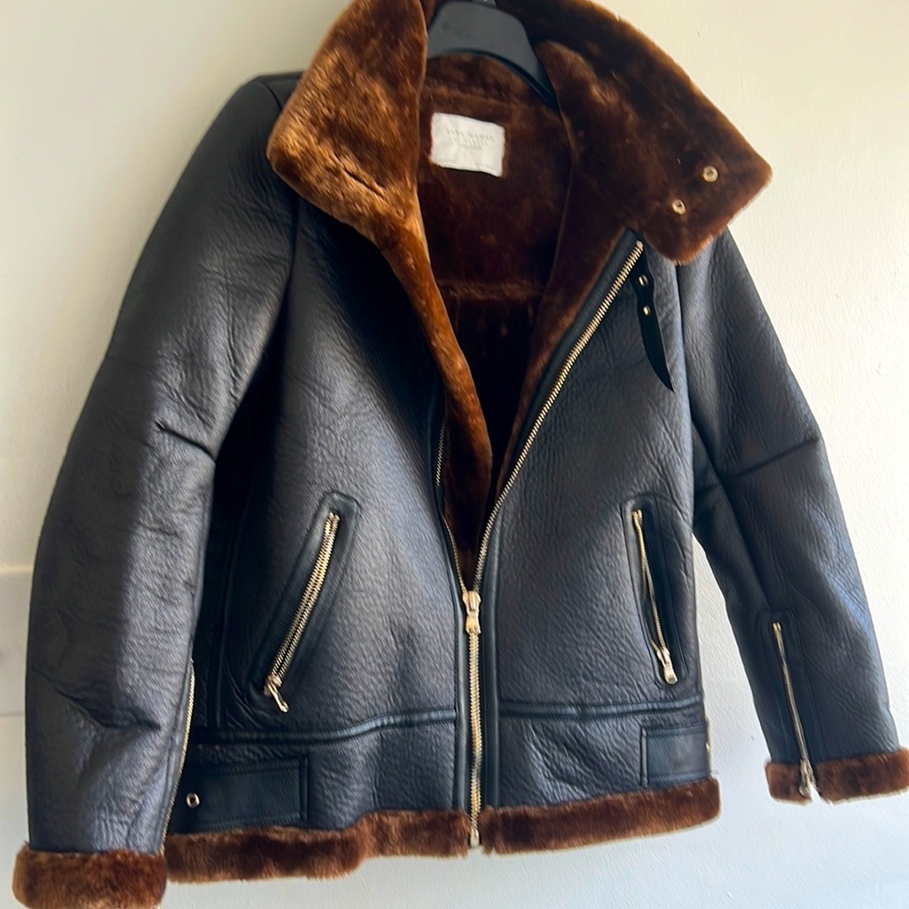 New ZARA Faux leather Shearling fur  Aviator Jacket women' sz M